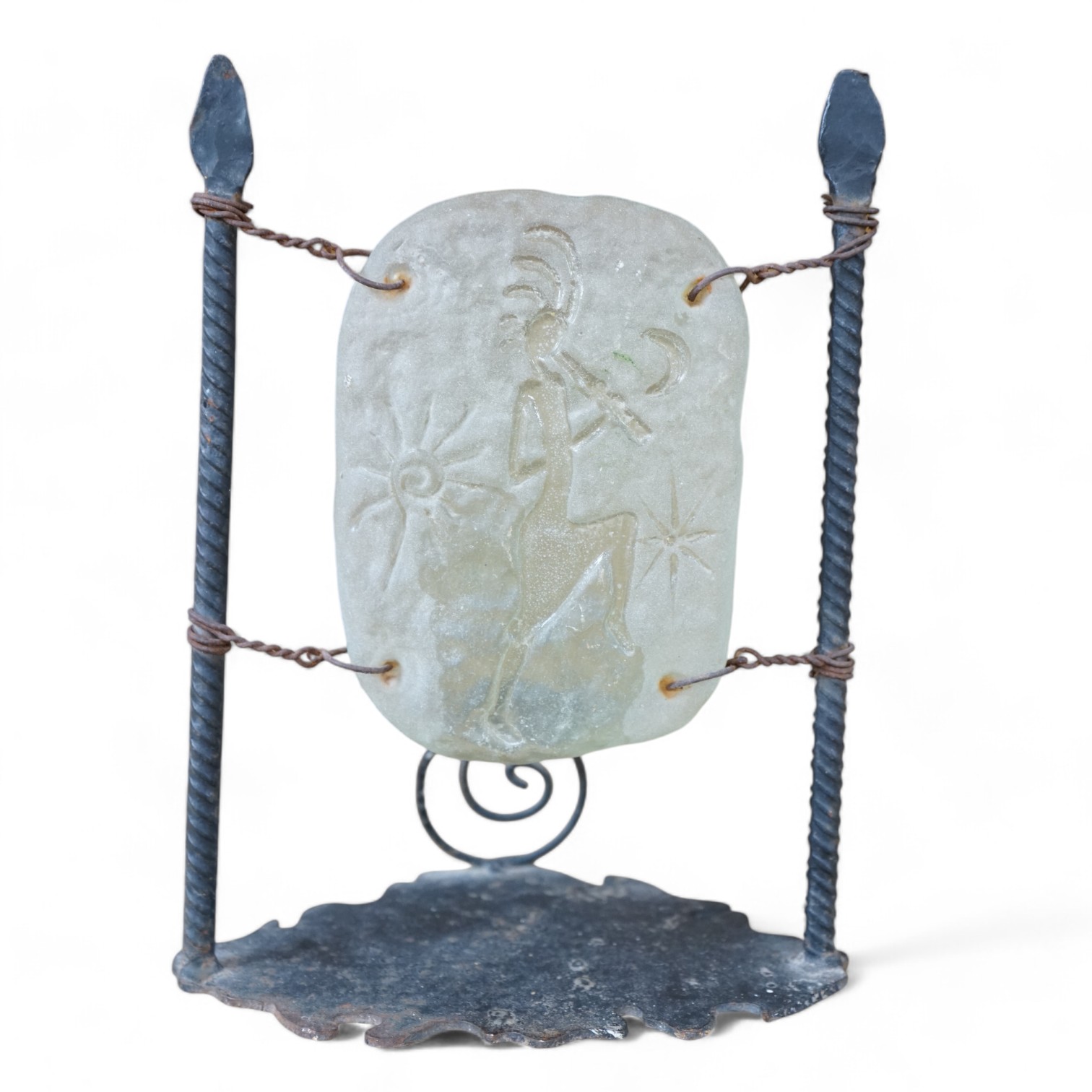 A wrought iron and moulded glass candle light, 28cm high. Condition - fair to good.